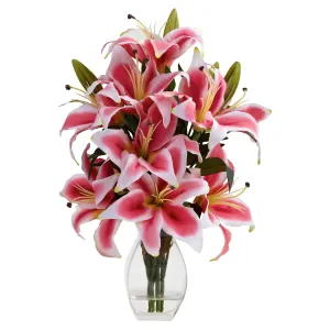 18.25" Artificial Rubrum Lily w/Decorative Vase - Low Maintenance, Life-Like & Vibrant Silk Flowers For Busy People.