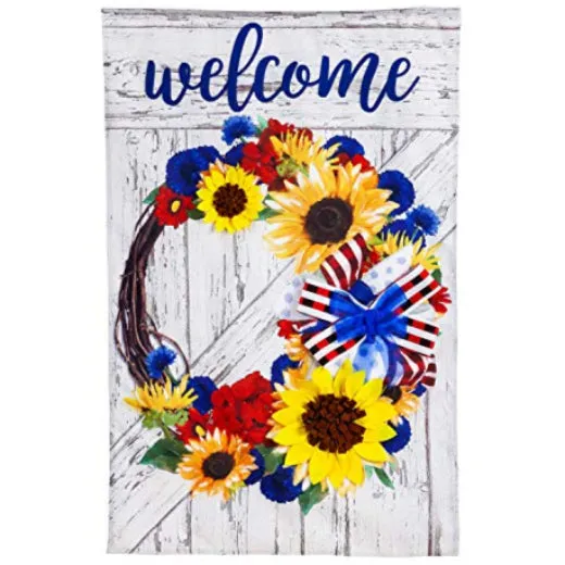 Americana Floral Wreath Burlap House Flag