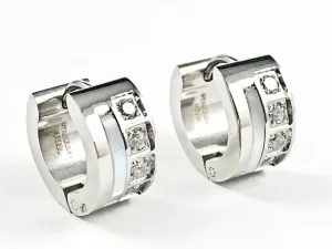 Beautiful Dainty Mother Of Pearl & CZ Huggie Steel Earrings