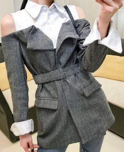 Belted Herringbone Cold-Shoulder Shirt-Jacket