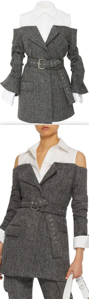 Belted Herringbone Cold-Shoulder Shirt-Jacket