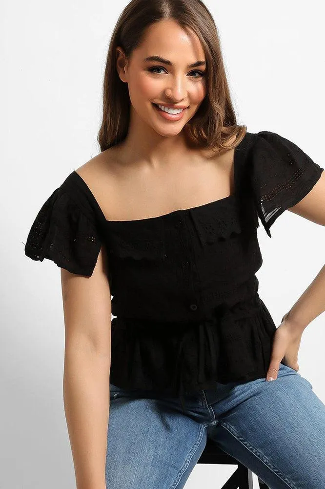 Black Crochet Details Drawstring Waist Top