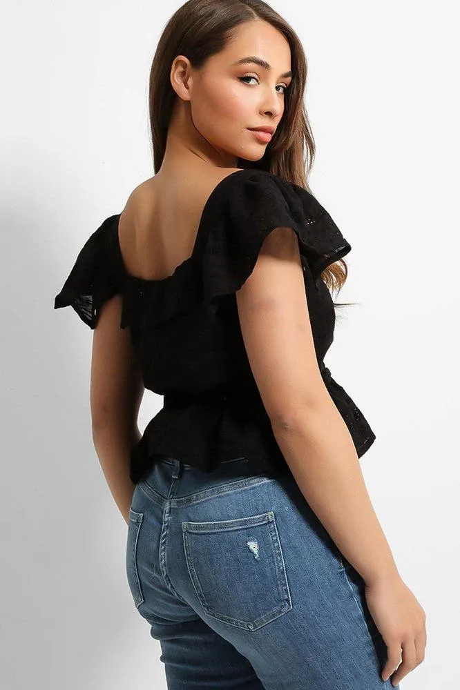 Black Crochet Details Drawstring Waist Top