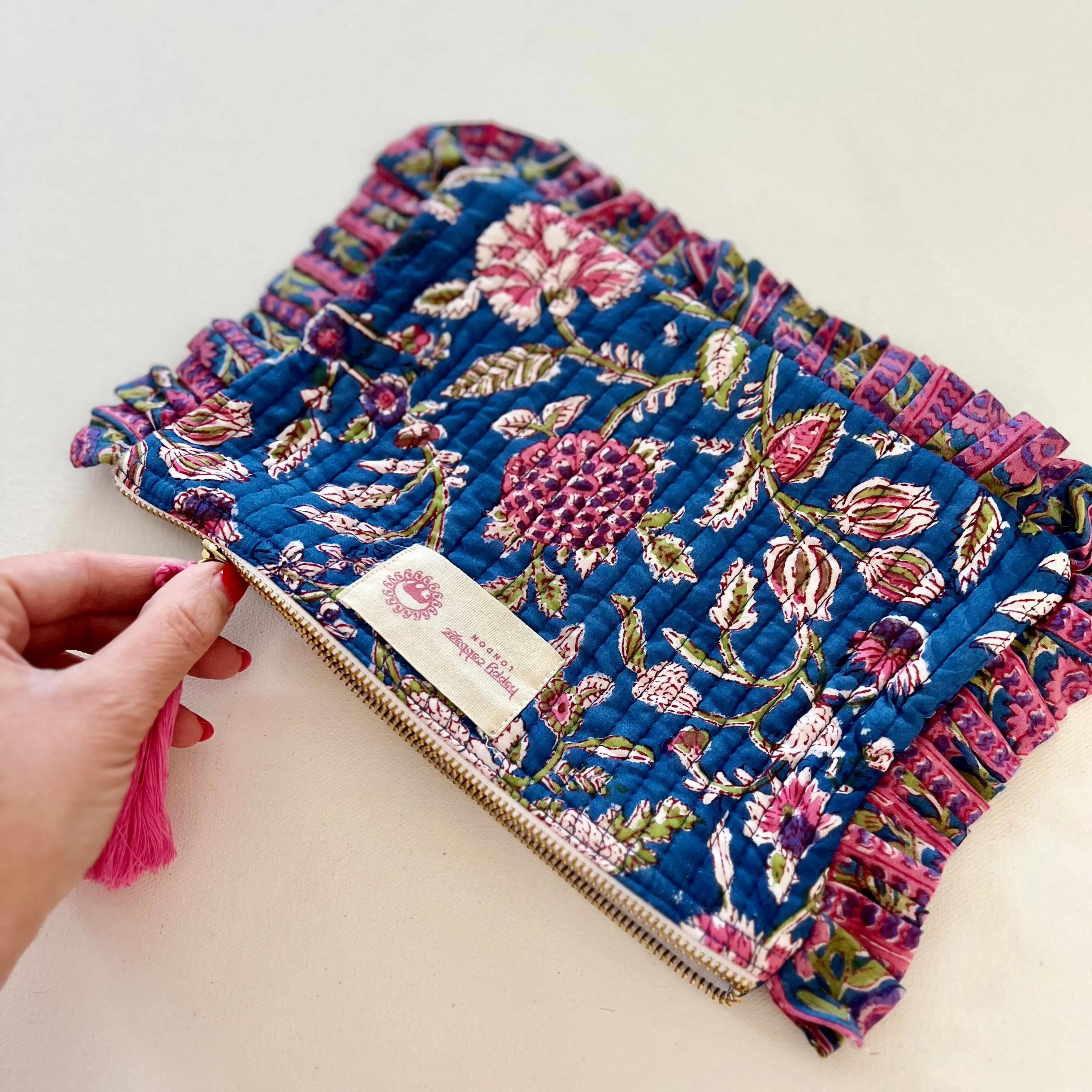 Block Printed Cotton Pouch - Blue & Pink