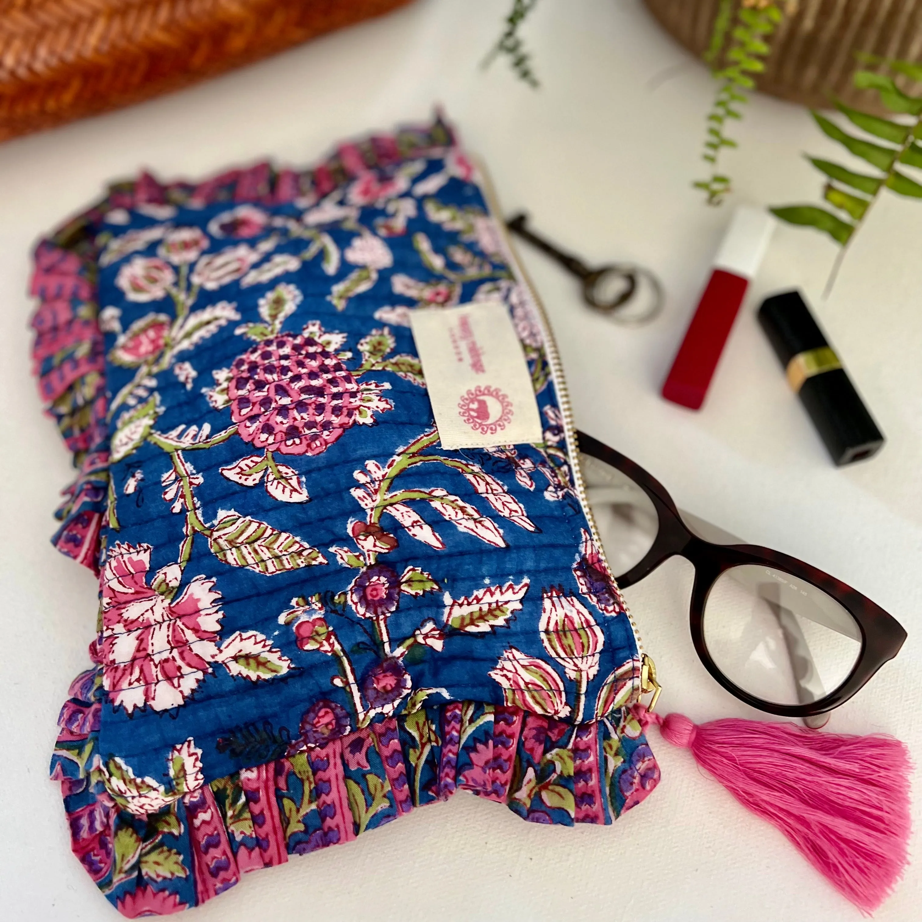 Block Printed Cotton Pouch - Blue & Pink