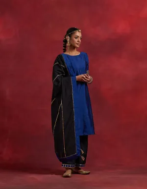 Blue Black Raw Silk Jennifer Kurta Set (Set Of 3)