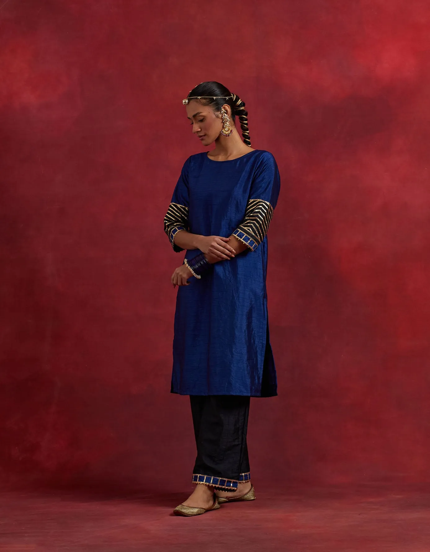 Blue Black Raw Silk Jennifer Kurta Set (Set Of 3)