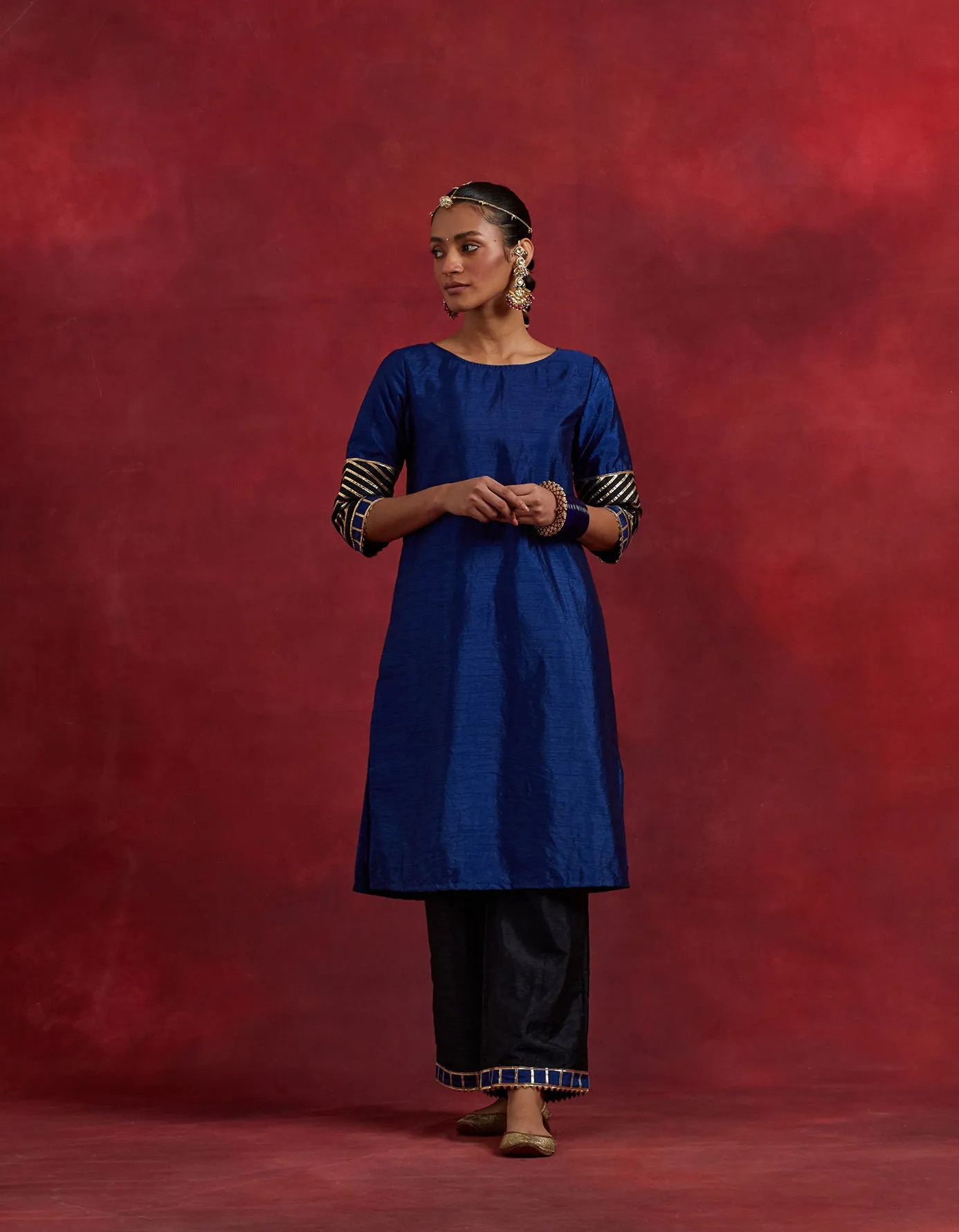 Blue Black Raw Silk Jennifer Kurta Set (Set Of 3)