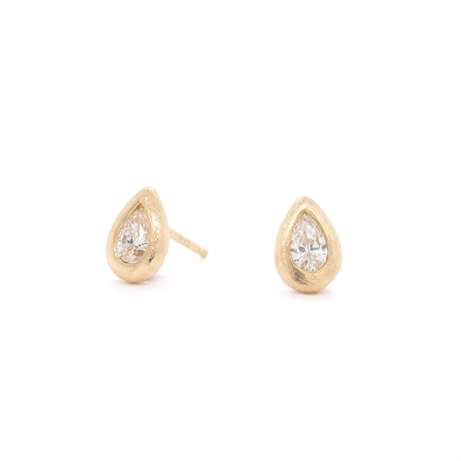 'Boulder' Bezel Pear Diamond Stud Earrings