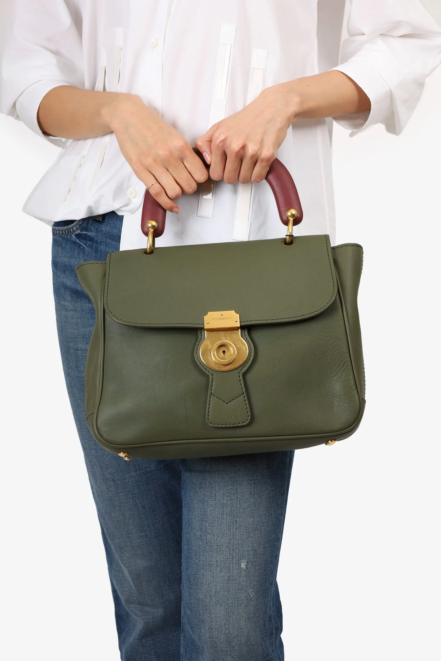 Burberry Green Leather DK88 Top Handle Bag with Strap