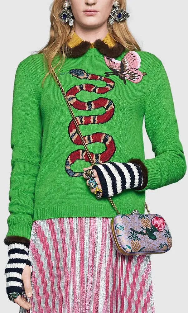 Butterfly-Embroidered Snake Intarsia Knit Sweater in Green