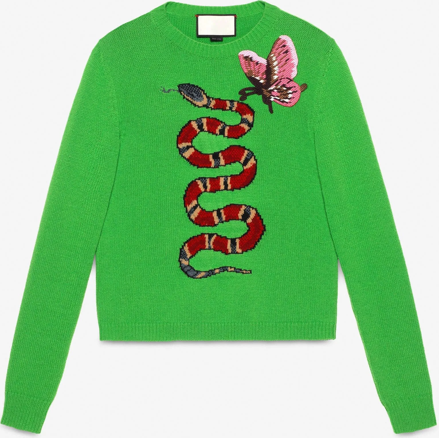 Butterfly-Embroidered Snake Intarsia Knit Sweater in Green