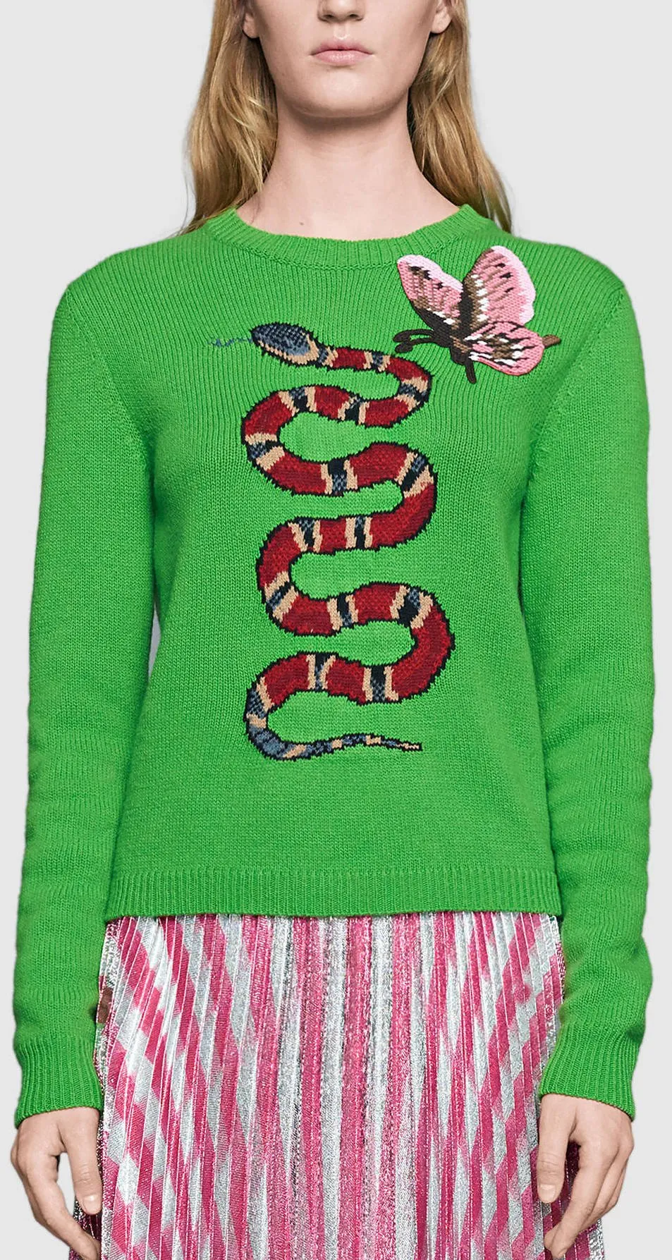 Butterfly-Embroidered Snake Intarsia Knit Sweater in Green