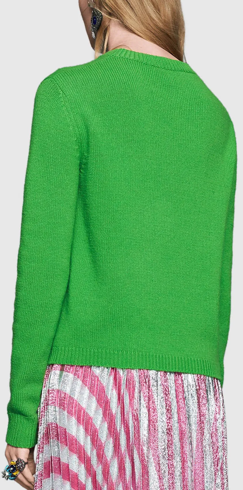 Butterfly-Embroidered Snake Intarsia Knit Sweater in Green