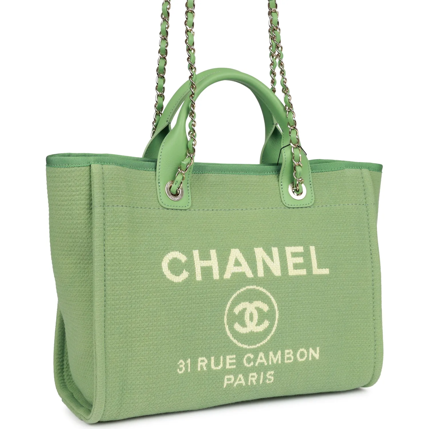 Chanel Small Deauville Shopping Bag Green Boucle Light Gold Hardware