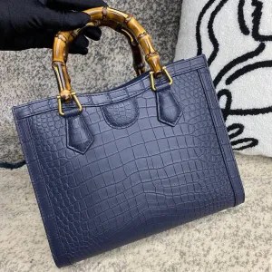 Crocodile Skin Leather Shoulder Crossbody Bag With Bamboo Handle Dark Blue