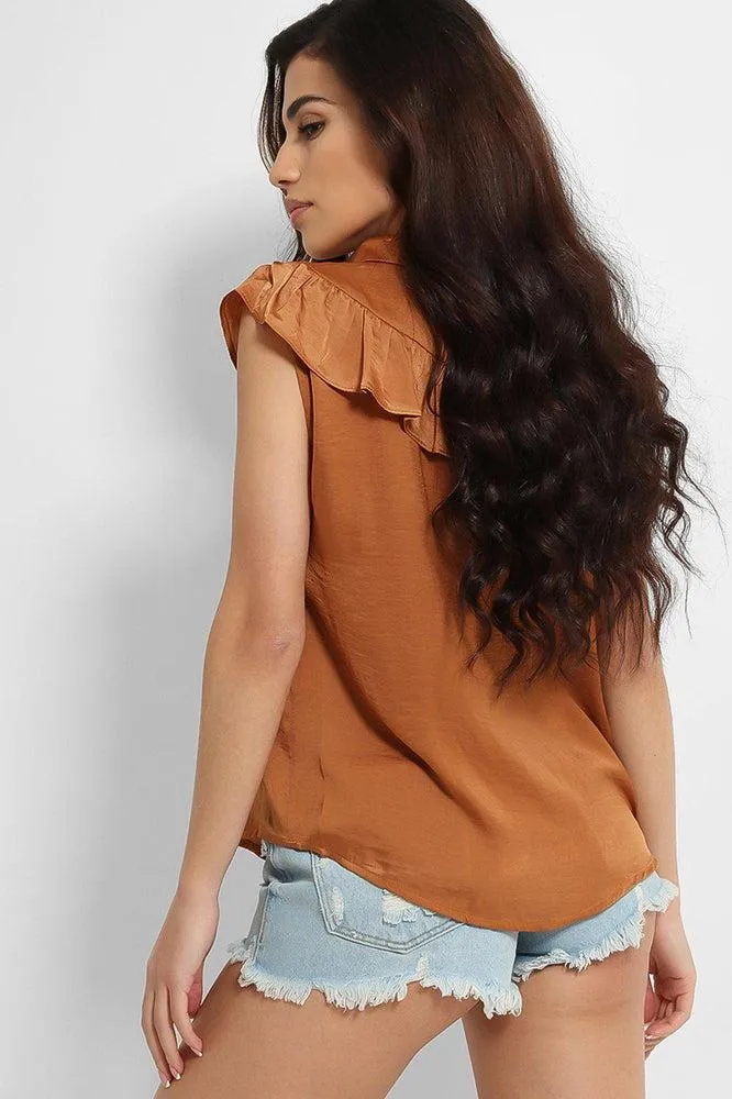 Crushed Satin Frill Details Sleeveless Shirt