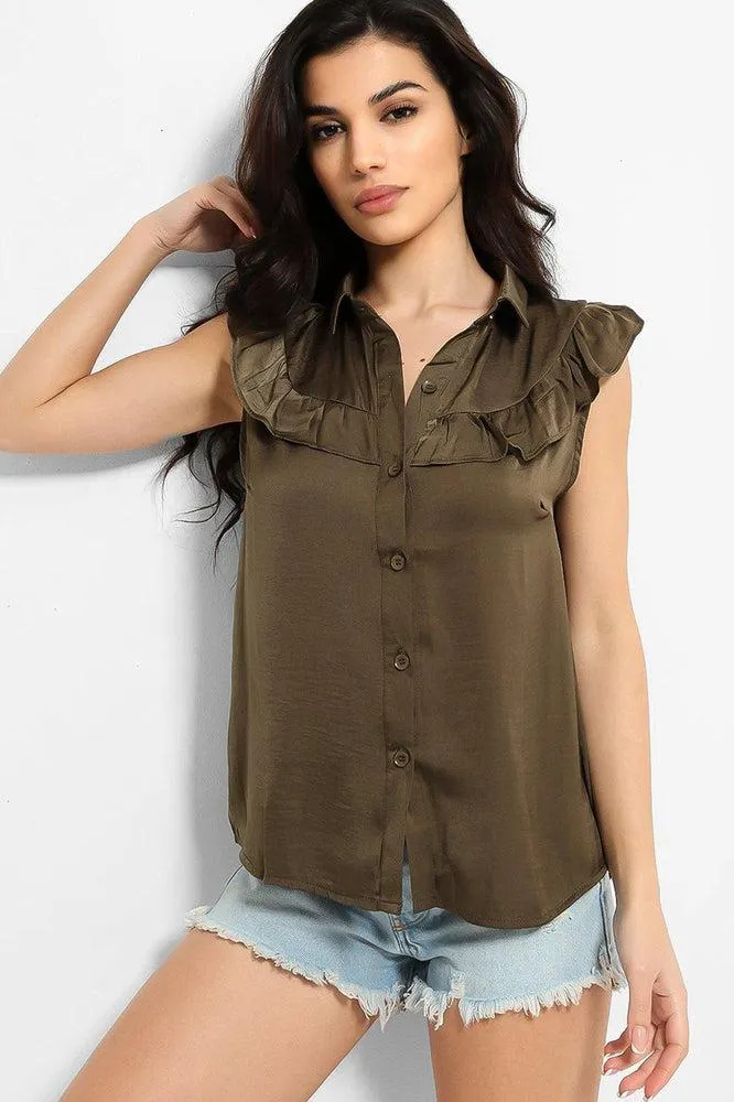 Crushed Satin Frill Details Sleeveless Shirt