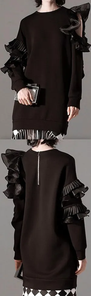 Cut-Out Long Ruffled Sweatshirt - Black or White