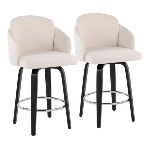 Dahlia Contemporary Counter Stool in Black Wood and Cream Fabric with Round Chrome Footrest by LumiSource - Set of 2