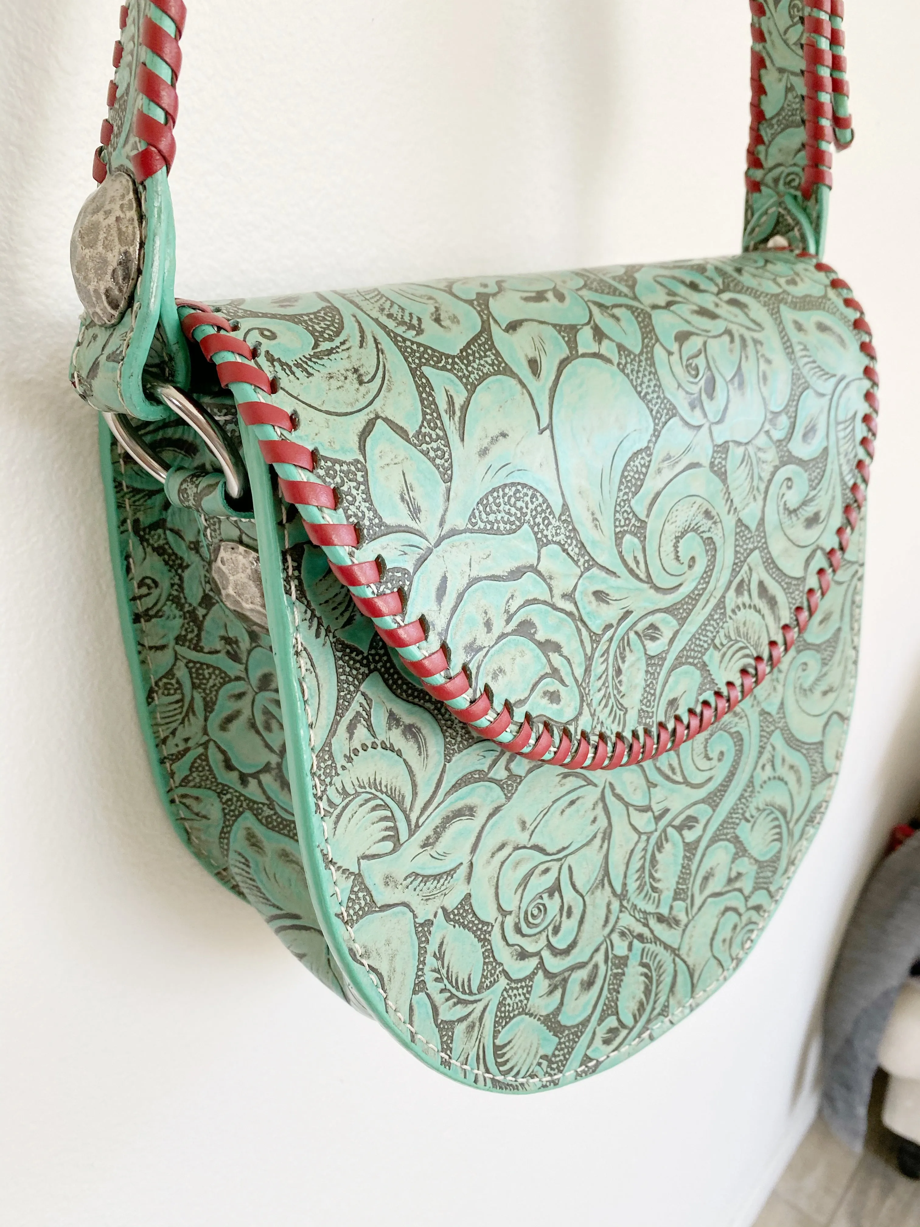 Double J Saddlery Turquoise Antique Floral Saddle Bag SB26