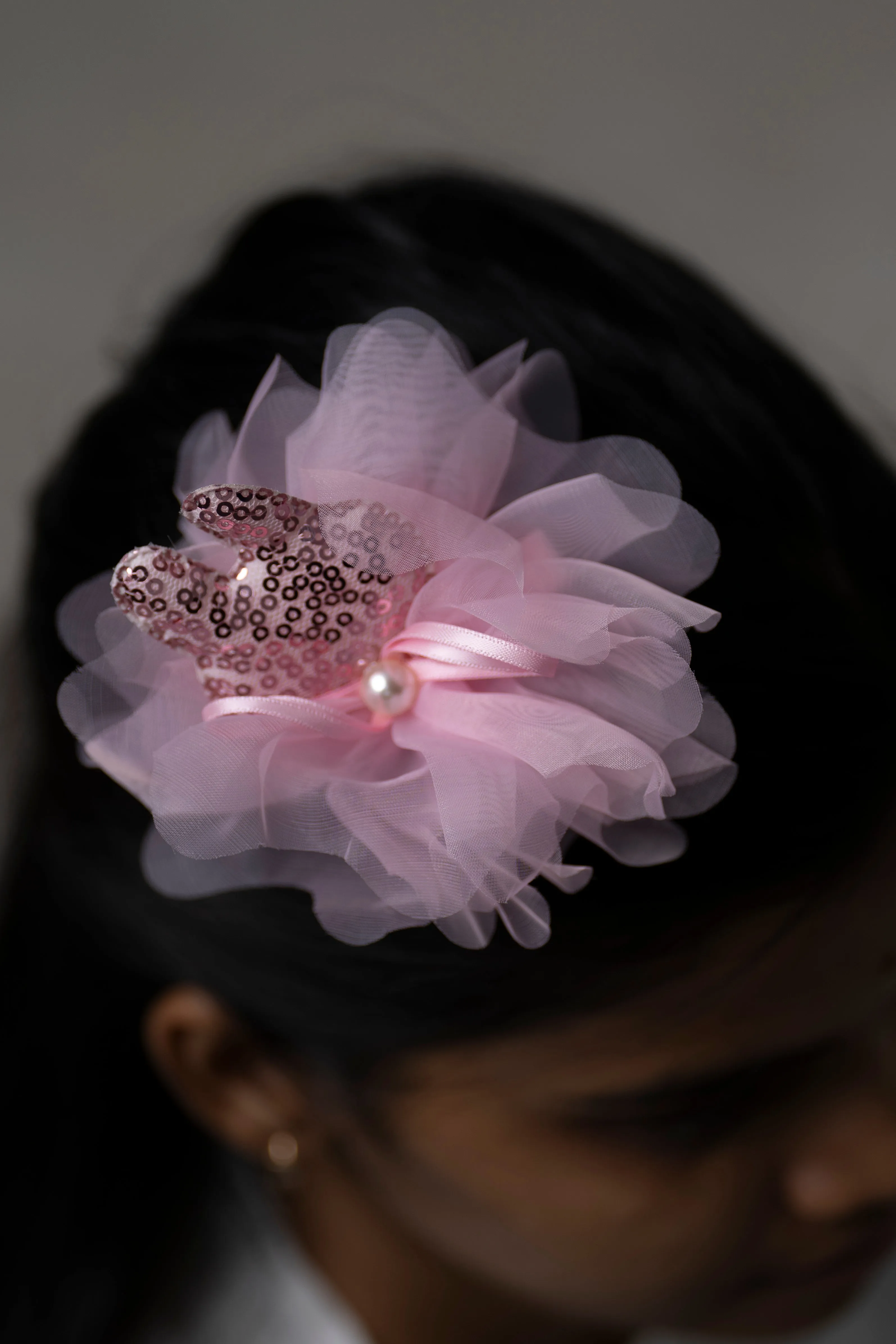 Elegant Pink Tulle Flower Hair Clip with Sequin Details