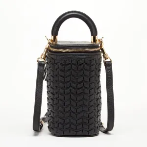 Elsa Small Leather Weave Bucket Bag Black