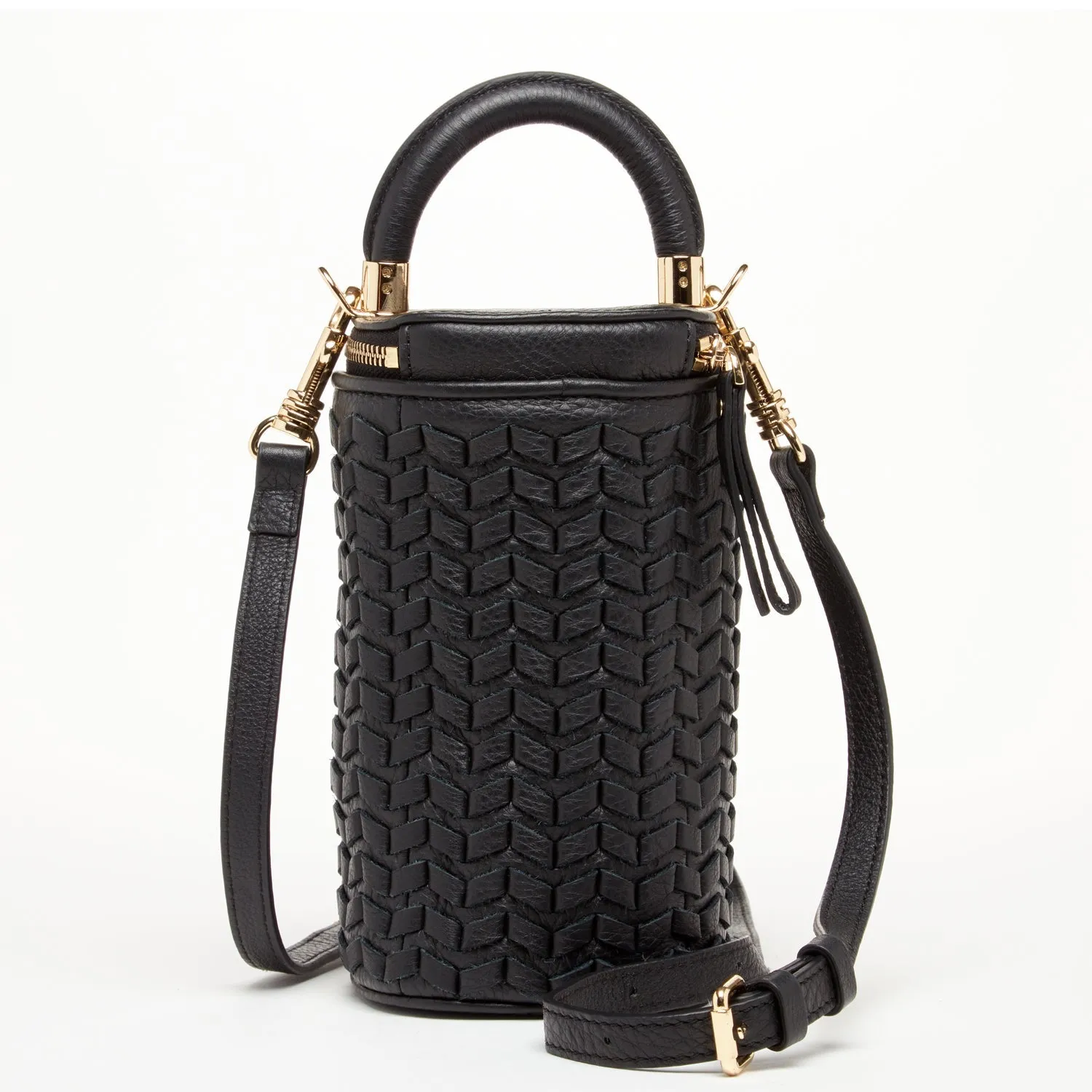 Elsa Small Leather Weave Bucket Bag Black