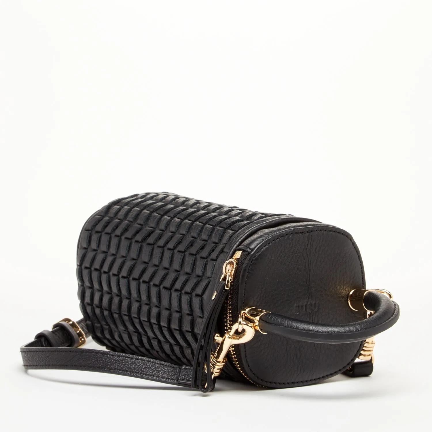 Elsa Small Leather Weave Bucket Bag Black