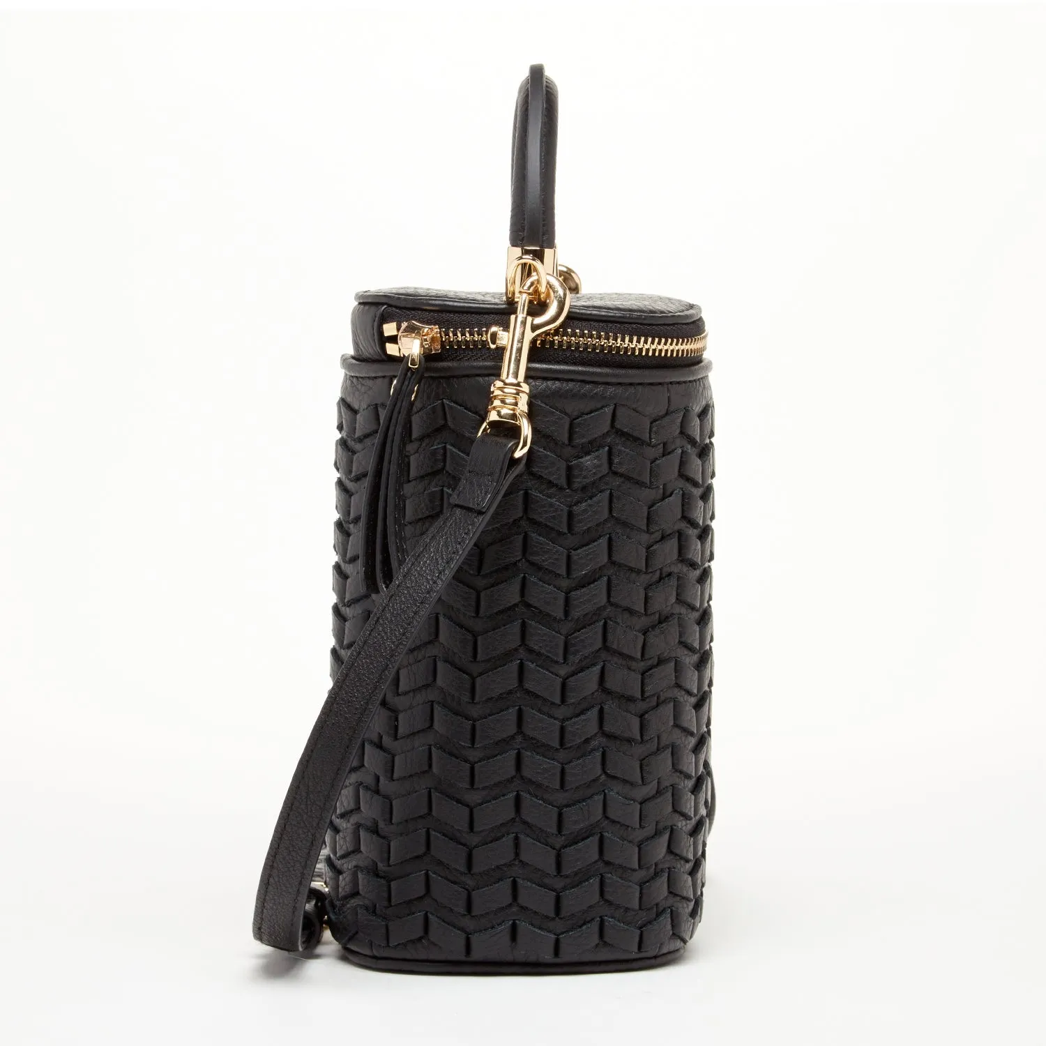 Elsa Small Leather Weave Bucket Bag Black