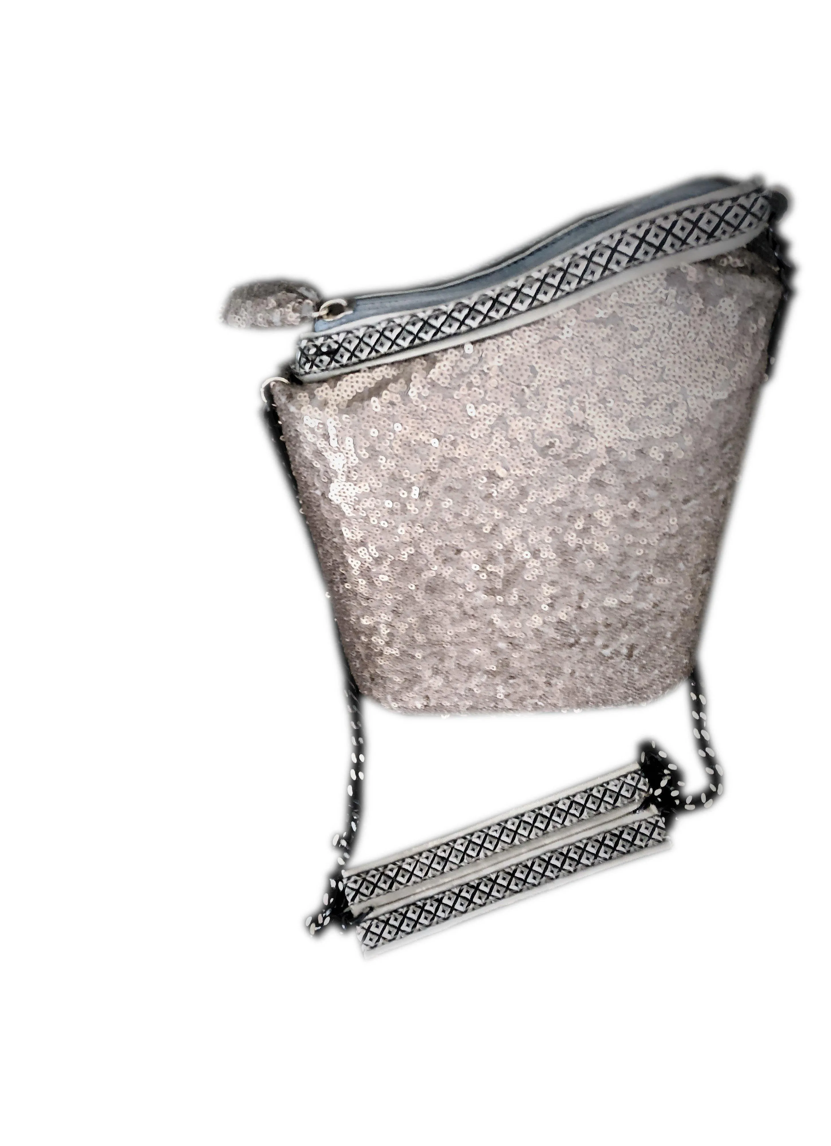 Exclusive handmade silver asymmetric box-bag has sequins on