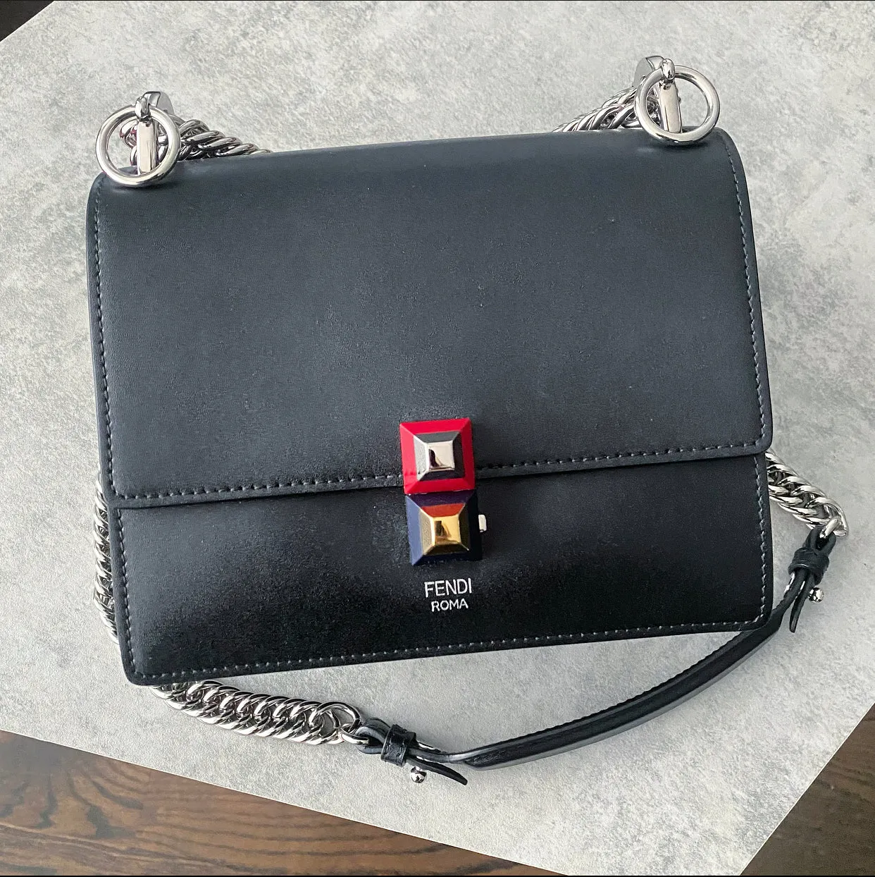 Fendi Black Leather Kan 1 Small Crossbody Chain Bag