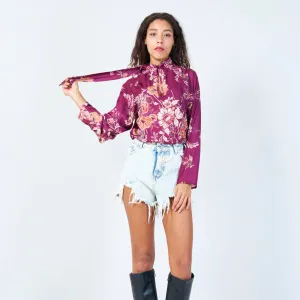 Floral print long sleeve tie-neck blouse wholesale