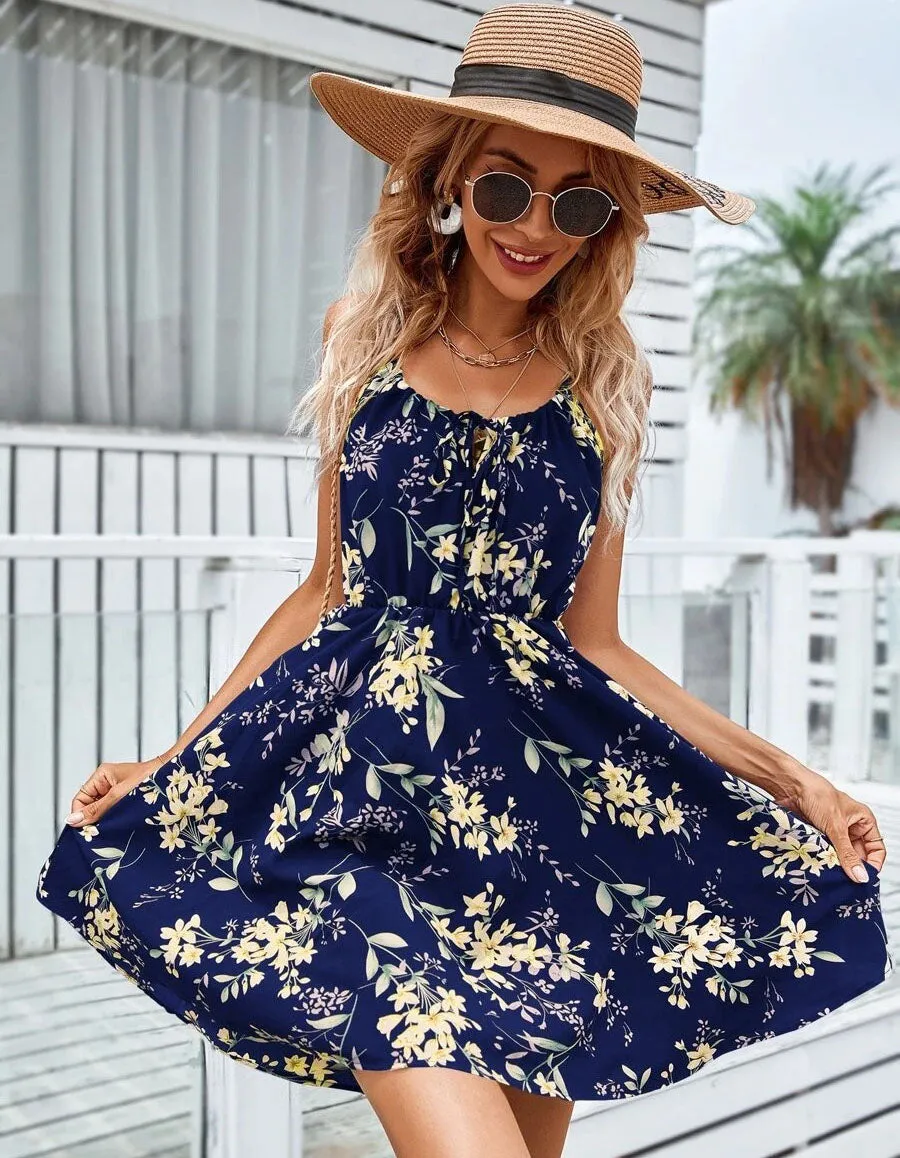 Floral Print Strap Sleeveless Ruffle Short A Line Dresses