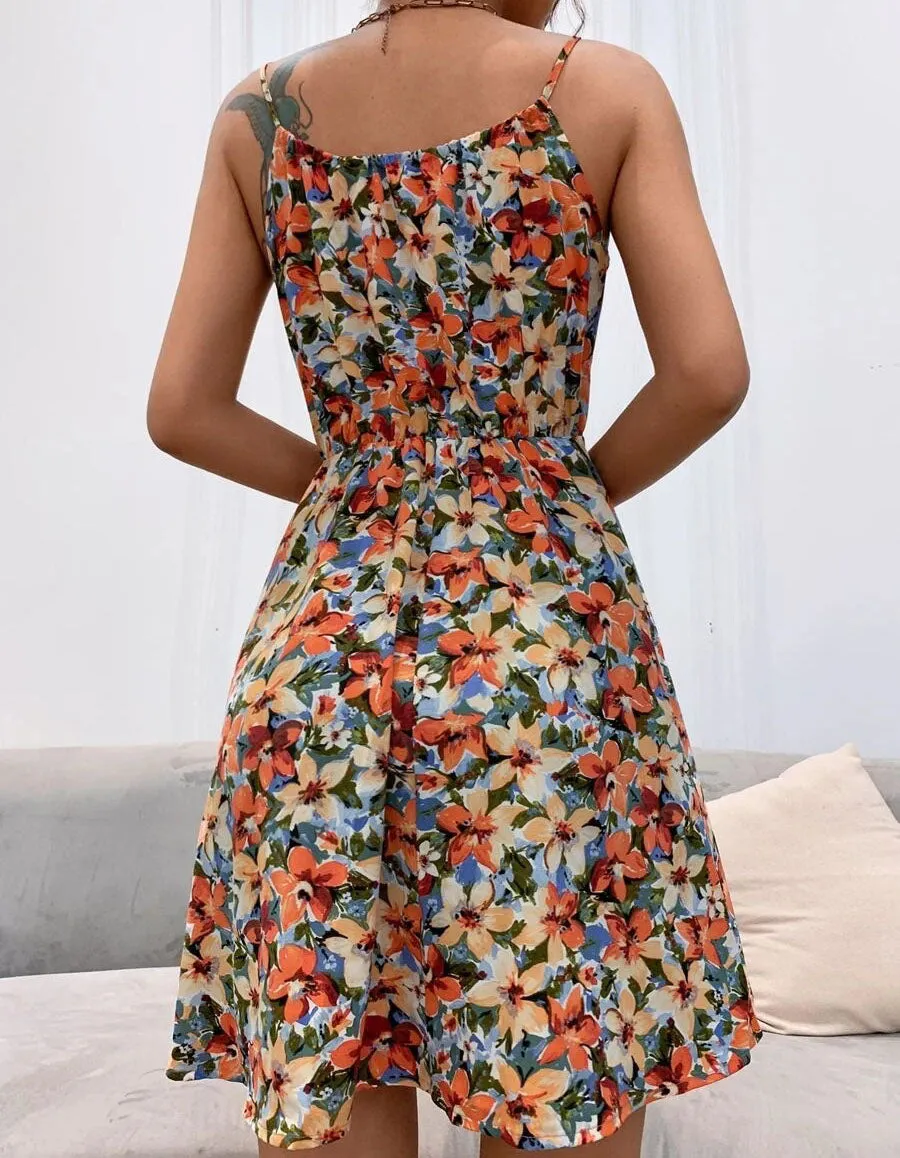 Floral Print Strap Sleeveless Ruffle Short A Line Dresses