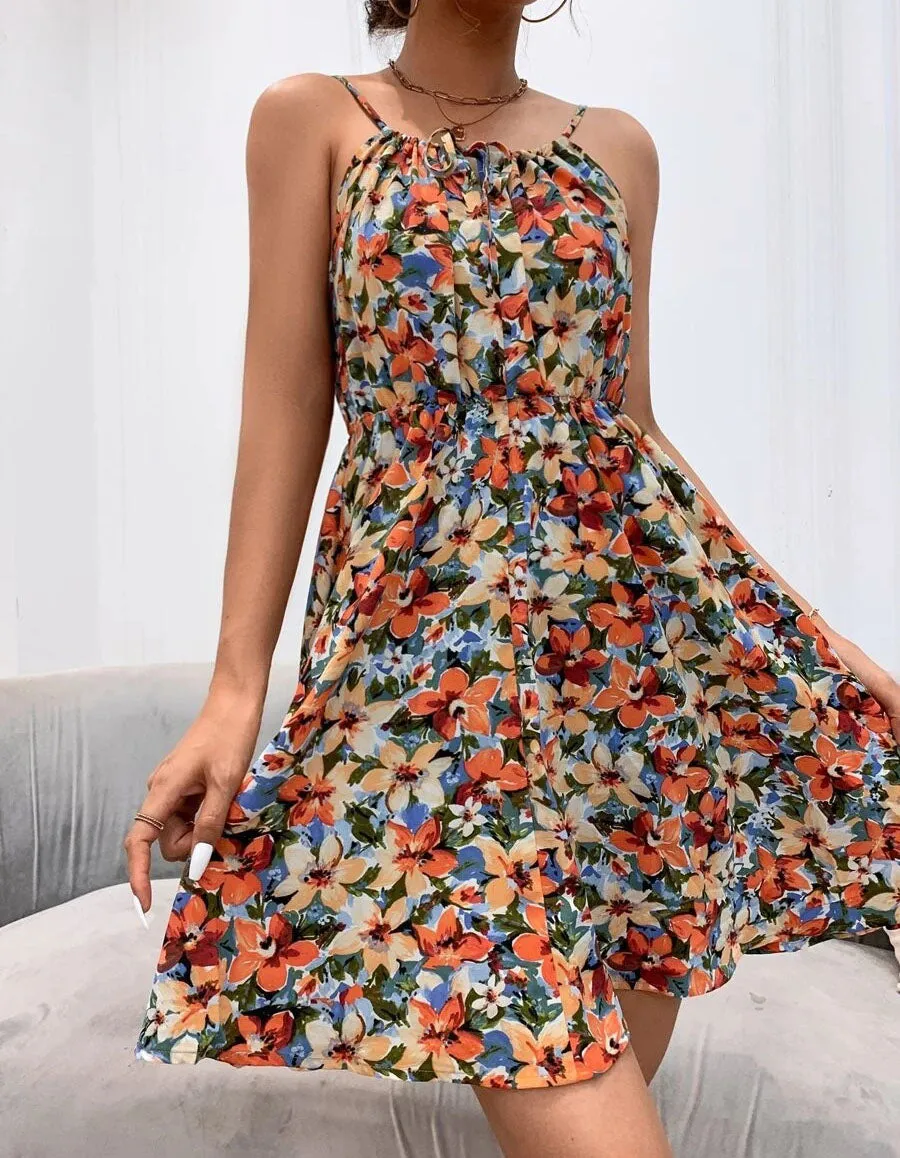 Floral Print Strap Sleeveless Ruffle Short A Line Dresses