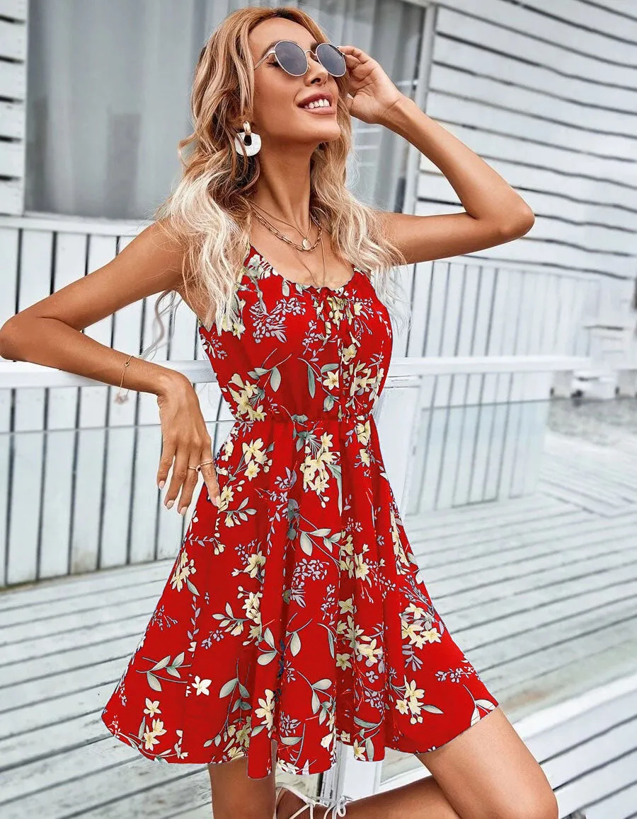 Floral Print Strap Sleeveless Ruffle Short A Line Dresses