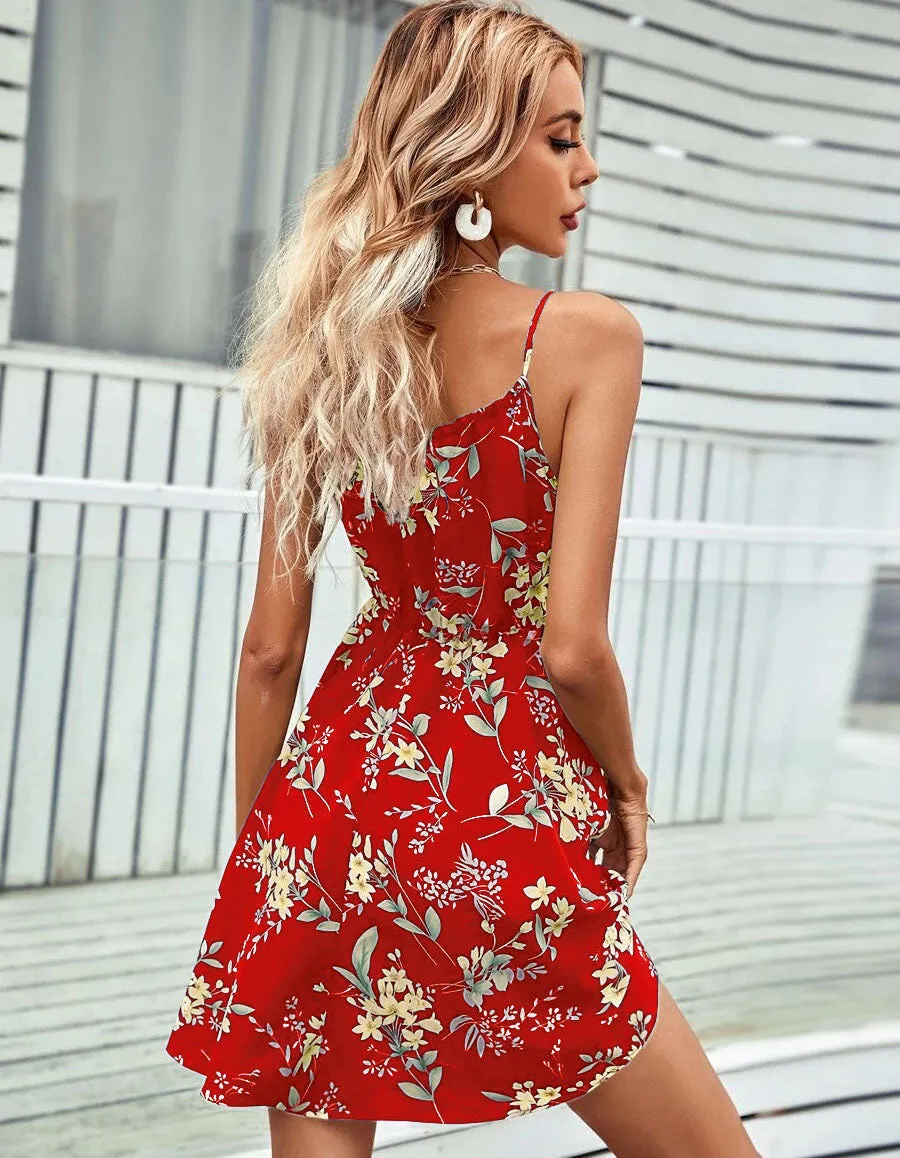 Floral Print Strap Sleeveless Ruffle Short A Line Dresses