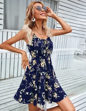 Floral Print Strap Sleeveless Ruffle Short A Line Dresses