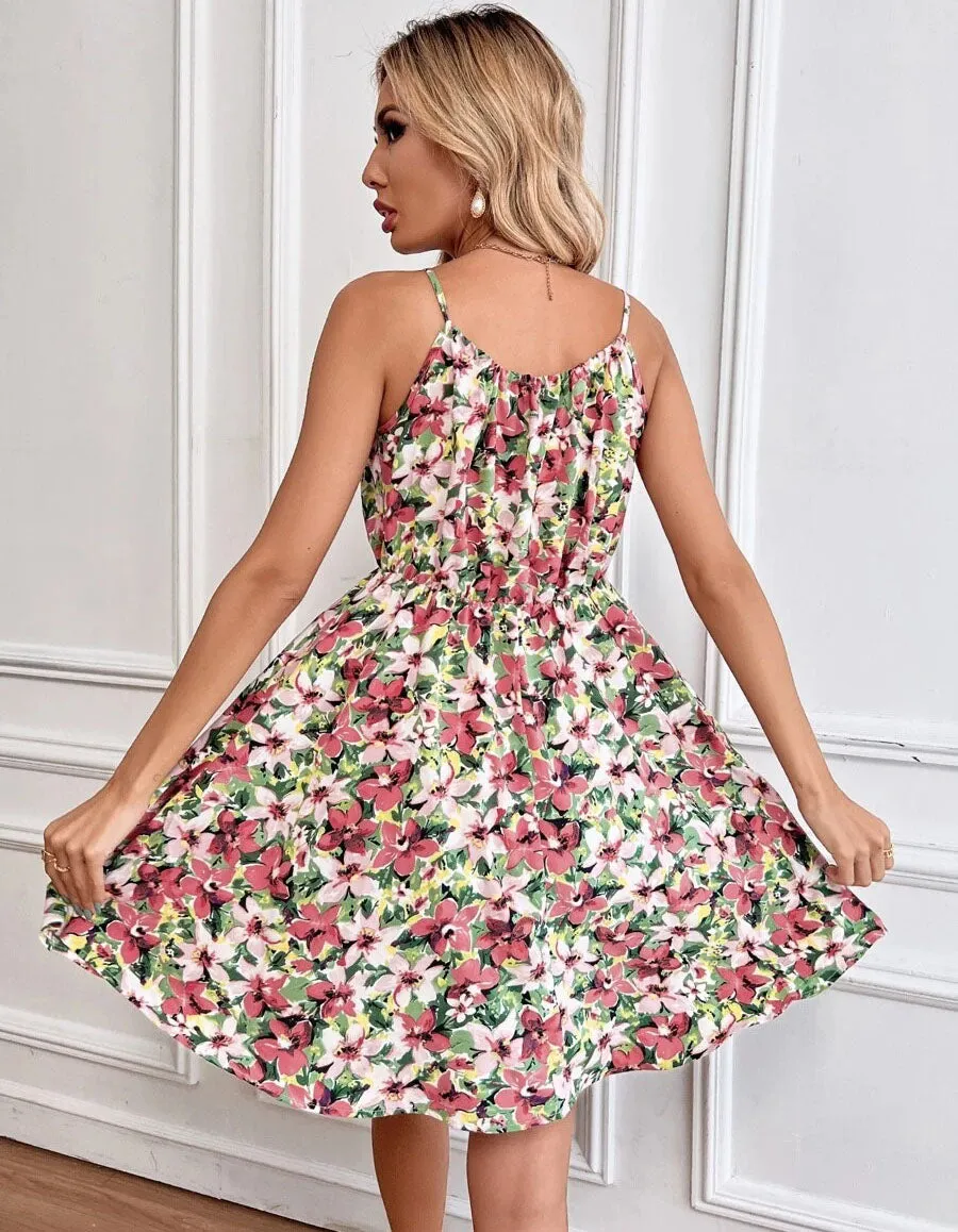 Floral Print Strap Sleeveless Ruffle Short A Line Dresses