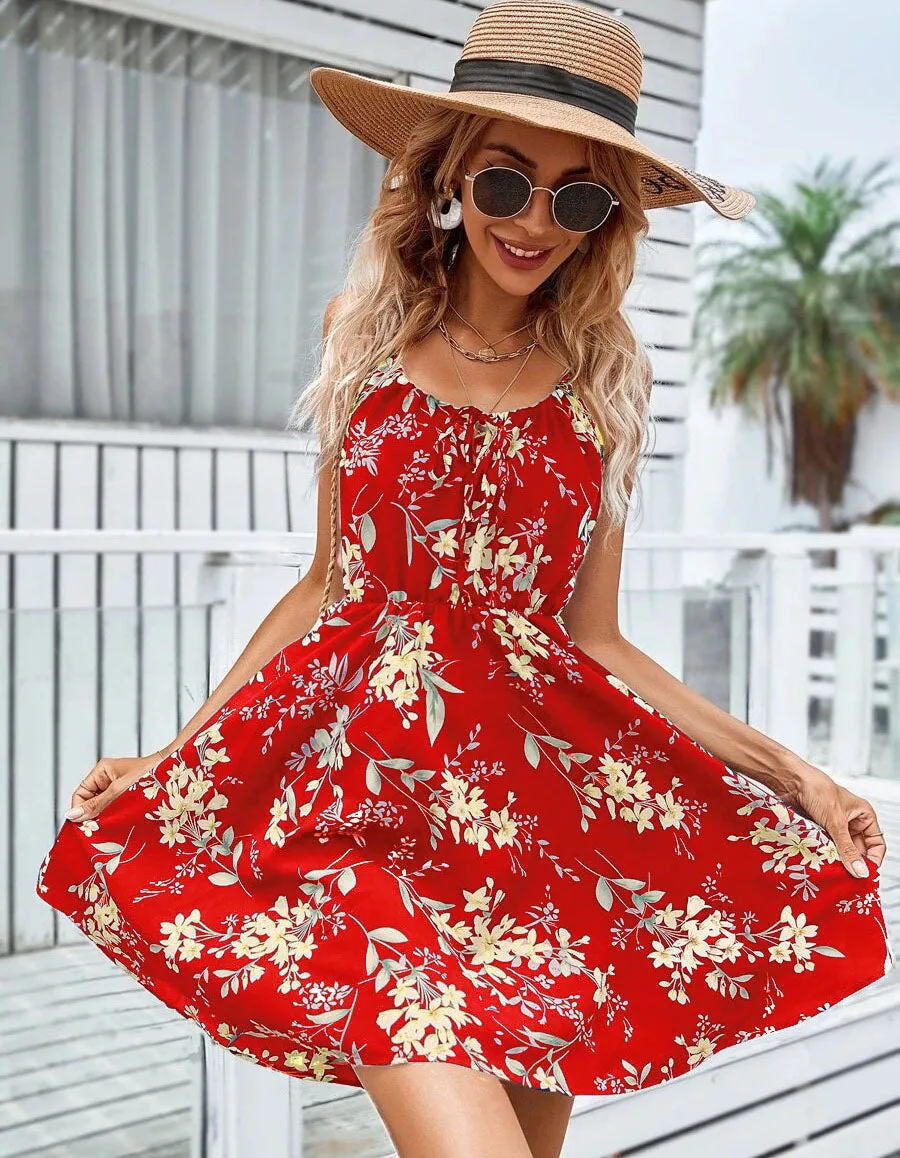 Floral Print Strap Sleeveless Ruffle Short A Line Dresses