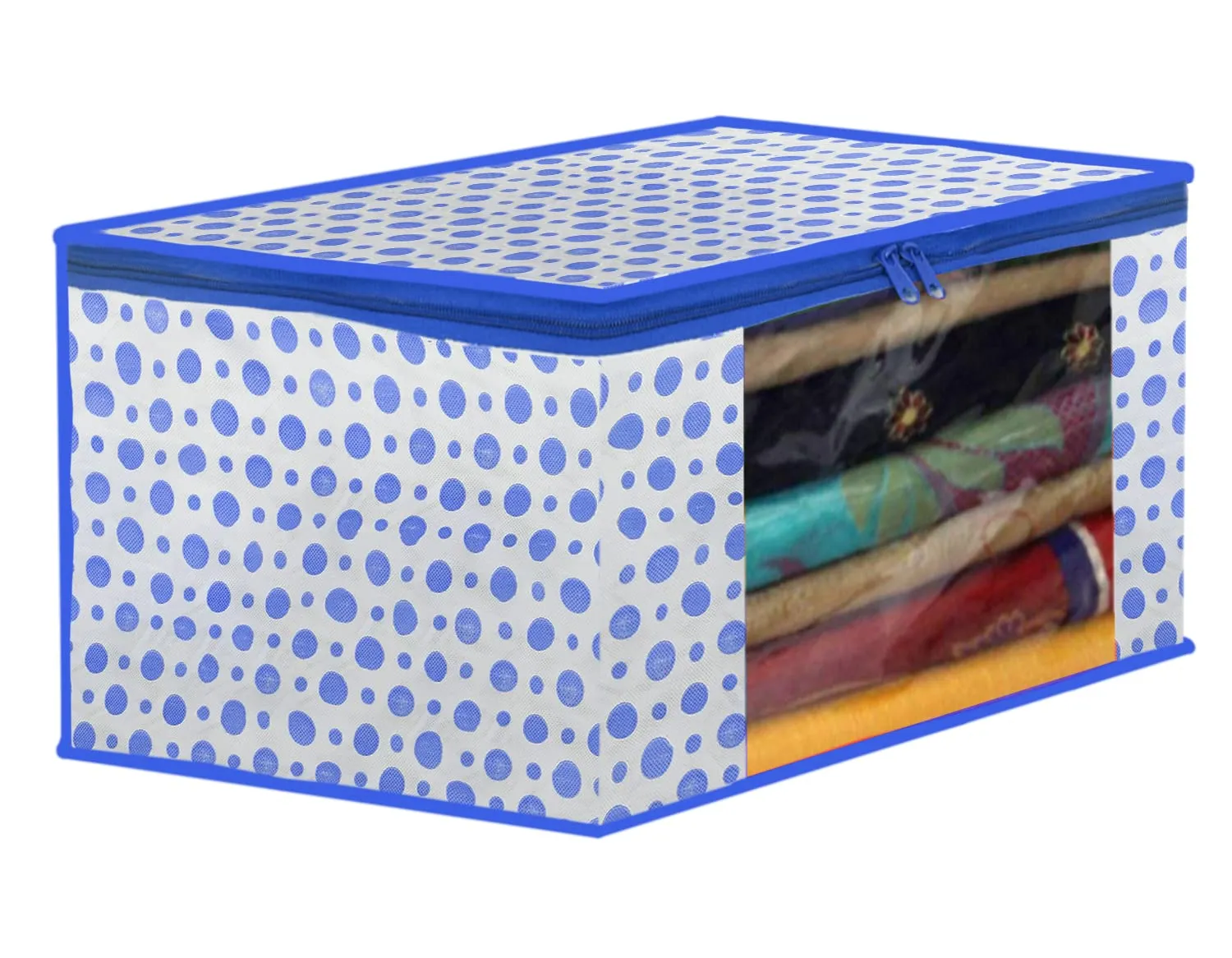 Heart Home Dot Printed Non-Woven Saree Cover, Cloth Organizer, Wardrobe Organiser With Tranasparent Window- Pack of 3 (Blue)-46HH0494