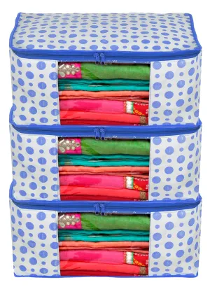 Heart Home Dot Printed Non-Woven Saree Cover, Cloth Organizer, Wardrobe Organiser With Tranasparent Window- Pack of 3 (Blue)-46HH0494