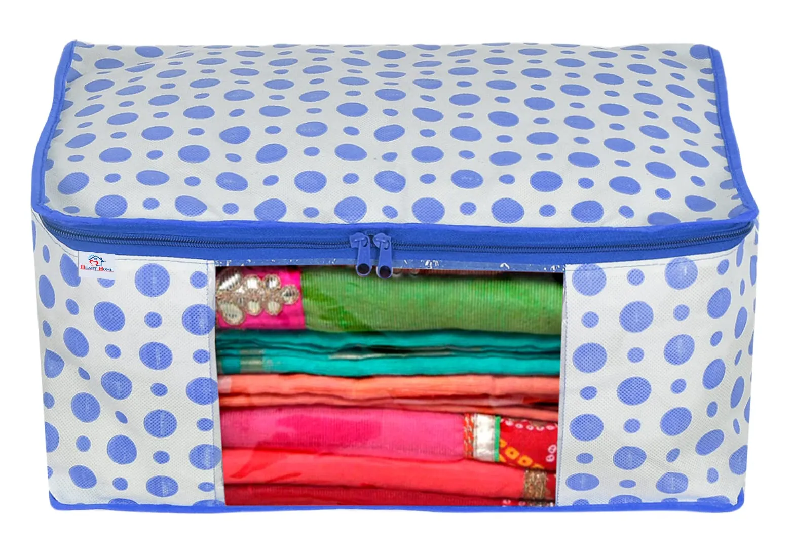 Heart Home Dot Printed Non-Woven Saree Cover, Cloth Organizer, Wardrobe Organiser With Tranasparent Window- Pack of 3 (Blue)-46HH0494