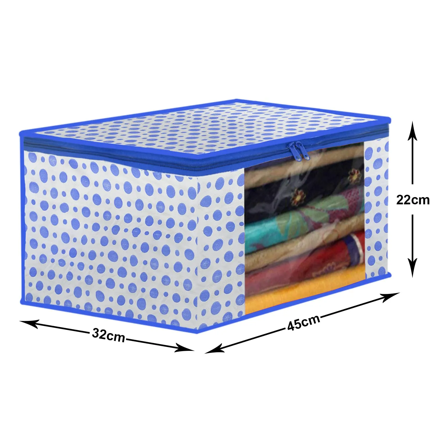 Heart Home Dot Printed Non-Woven Saree Cover, Cloth Organizer, Wardrobe Organiser With Tranasparent Window- Pack of 3 (Blue)-46HH0494