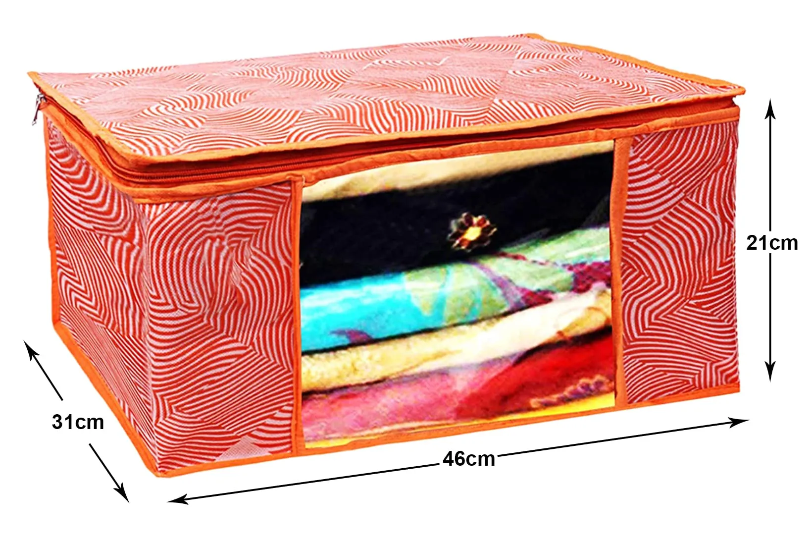 Heart Home Lahariya Design Non-woven Foldable Saree Cover/Clothes Storage Bag/Wardrobe Organizer With Transparent Window- Pack of 3 (Orange)-44HH0377