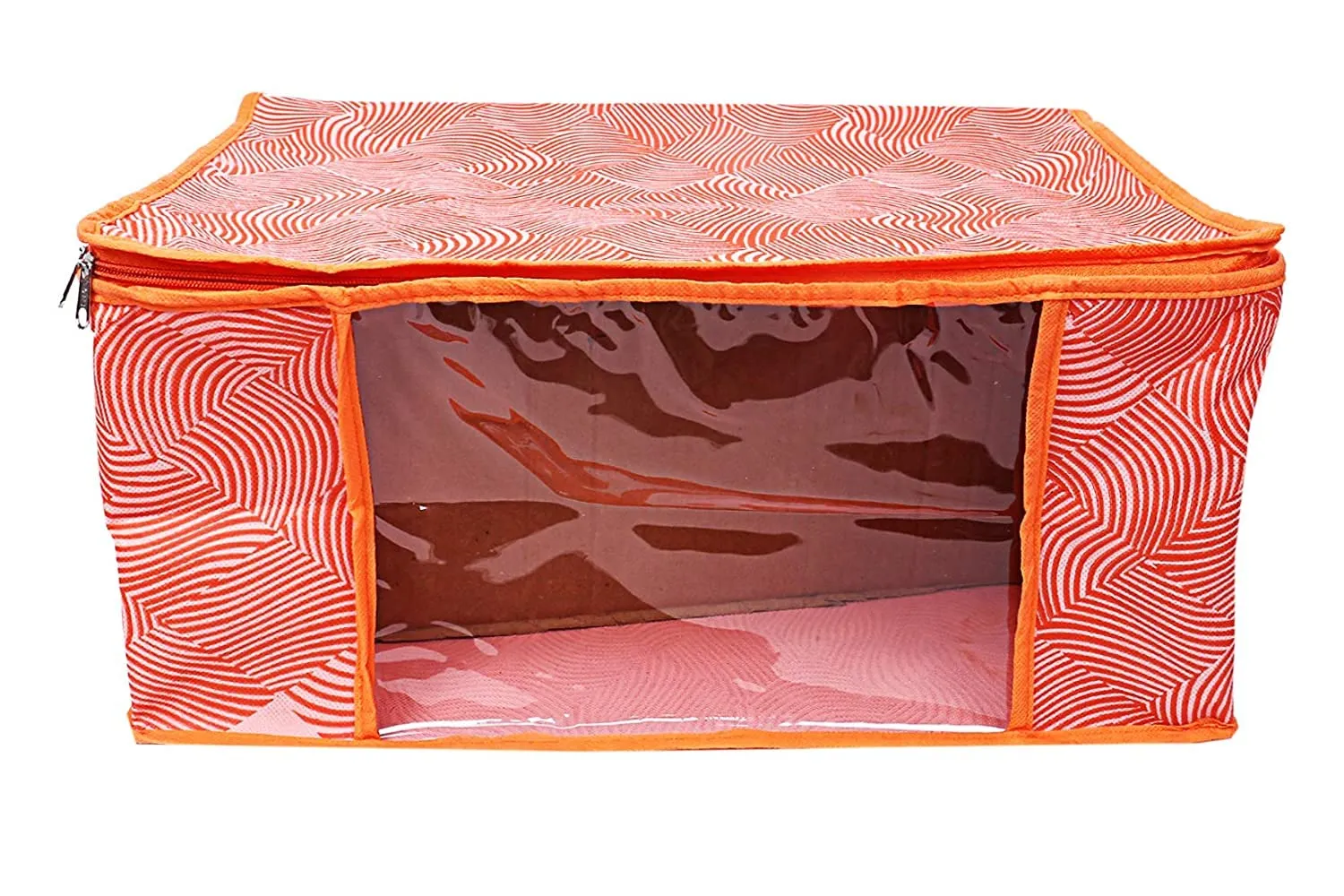 Heart Home Lahariya Design Non-woven Foldable Saree Cover/Clothes Storage Bag/Wardrobe Organizer With Transparent Window- Pack of 3 (Orange)-44HH0377