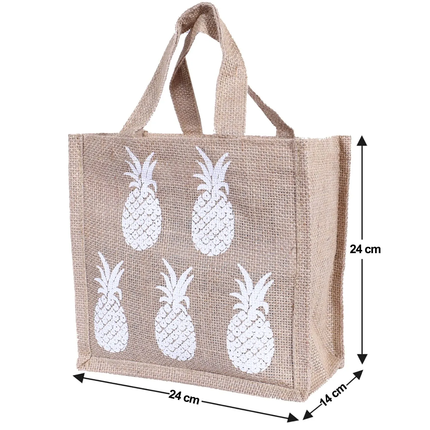 Heart Home Lunch Bag|Reusable Jute Fabric Tote Bag|Pineapple Print Tiffin Carry Hand Bag with Handle for Office,School,Gift,Pack of 2 (Brown)