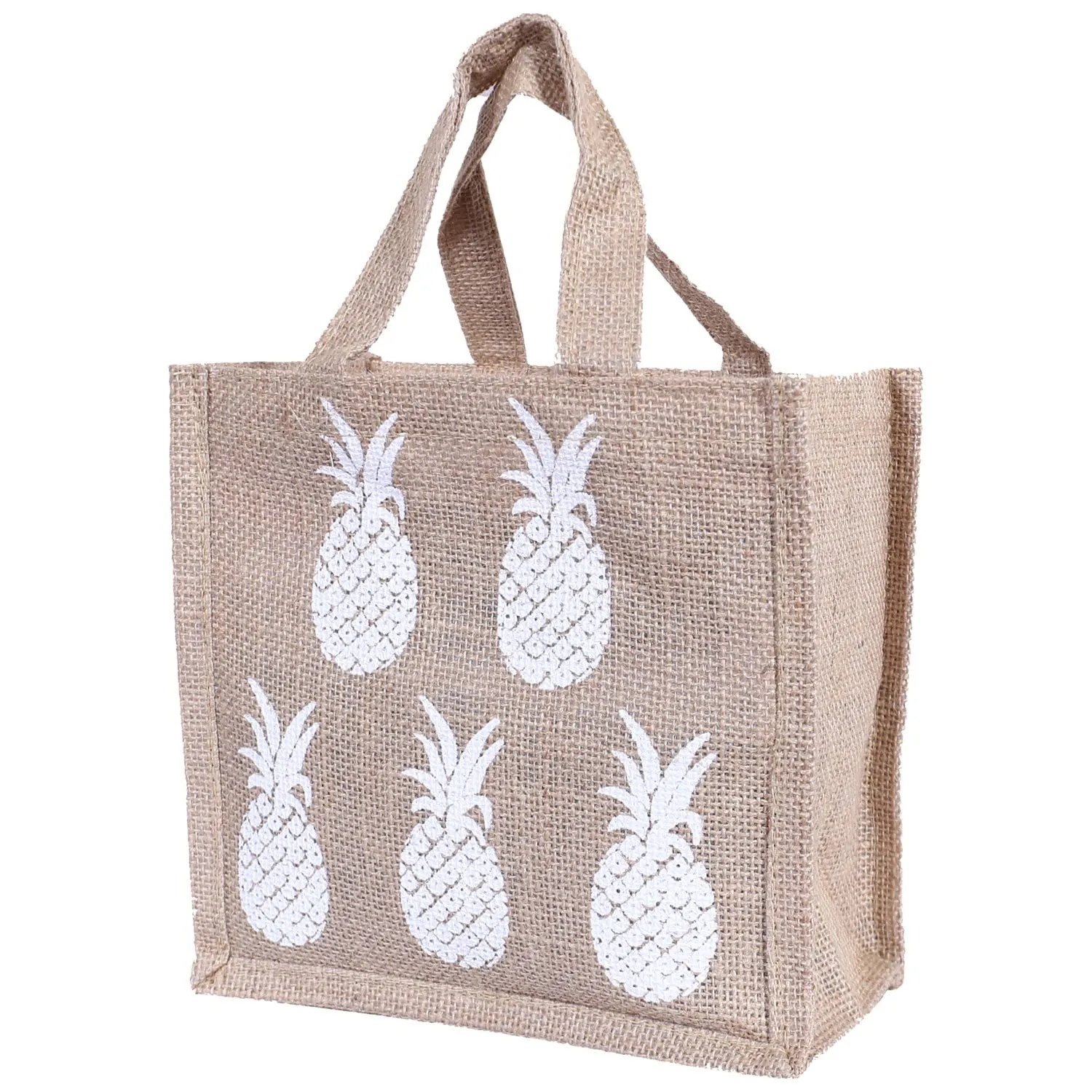 Heart Home Lunch Bag|Reusable Jute Fabric Tote Bag|Pineapple Print Tiffin Carry Hand Bag with Handle for Office,School,Gift,Pack of 2 (Brown)