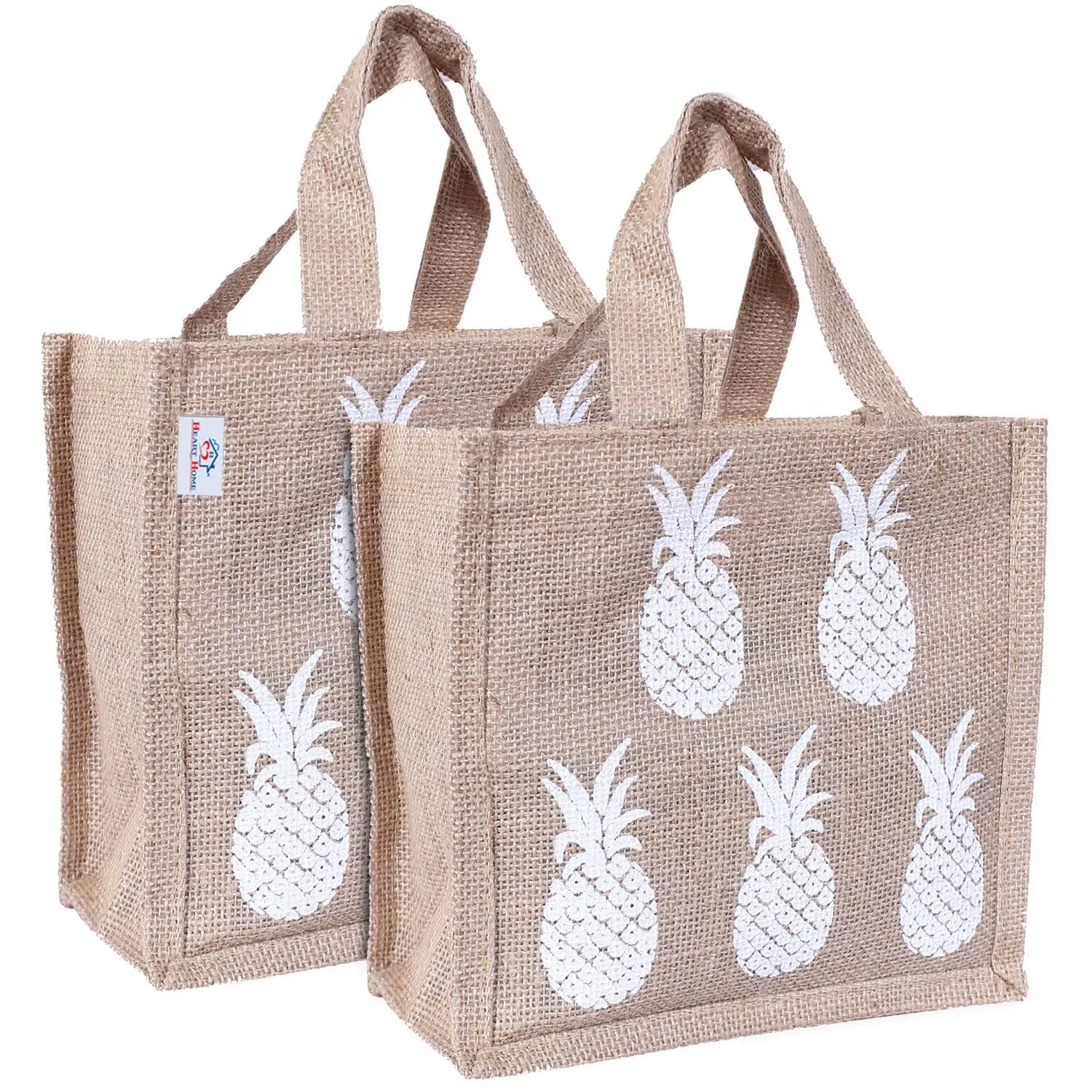 Heart Home Lunch Bag|Reusable Jute Fabric Tote Bag|Pineapple Print Tiffin Carry Hand Bag with Handle for Office,School,Gift,Pack of 2 (Brown)